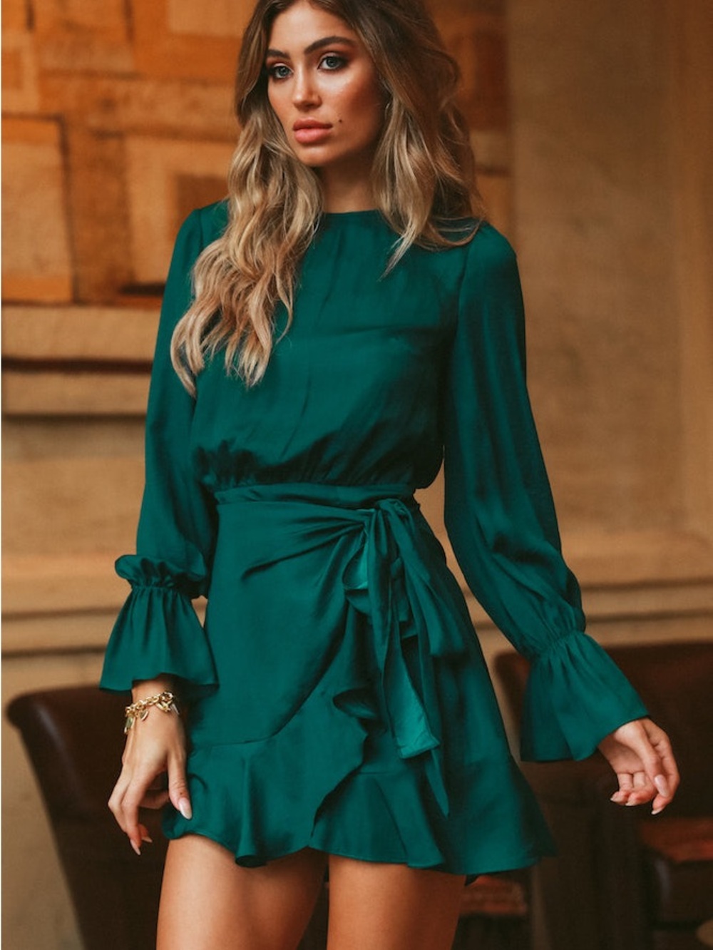Selfie Leslie Emerald Green Ruffle Wrap Mini Dress